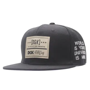 Black snapback hip hop hat with front patch and side embroidery, stylish streetwear cap for daily wear.