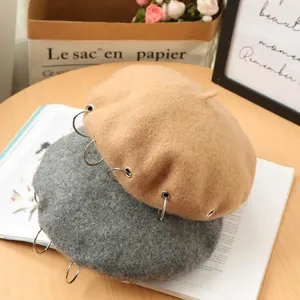 Punk style wool beret hat with metal rings for women winter warm vintage painter cap.
