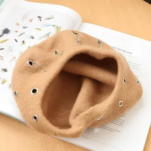 Korean punk wool beret for women, retro metal ring winter warm painter hat, stylish felt cap.
