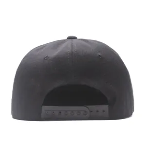 Back detail view of a solid black snapback baseball hip hop hat with adjustable plastic strap.