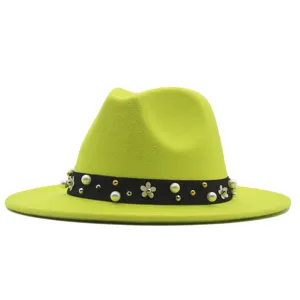 Neongrüner Fedora-Hut mit schwarzem Perlen-Blumenband stilvolle Damen Jazzmütze detail