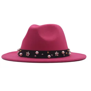 Rosa Wolle Fedora Hut mit schwarzer Perle Blume Band Damen Mode Jazz Hut elegante Winter