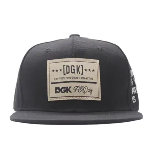 Black snapback hat with front DGK logo patch, stylish hip hop flat brim cap for streetwear.