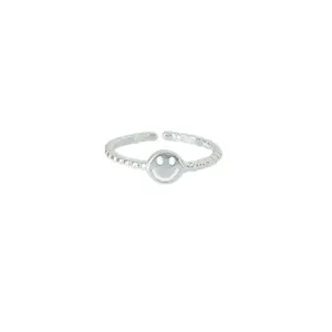 Detailed close-up of a minimalist silver open ring featuring a cute smiley face and beaded band.