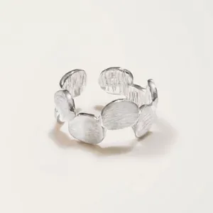 Minimalist geometric brushed open ring, irregular interlocking metal disks, fashion jewelry.
