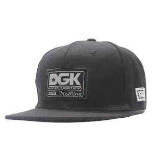 Black flat brim snapback baseball hip hop hat with custom brand patch embroidery style.