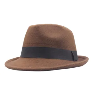 Clásico sombrero fedora de lana marrón con cinta negra, elegante sombrero de jazz.