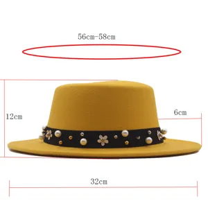 Women autumn winter flat top felt hat elegant boater hat pearl ribbon decorative hat