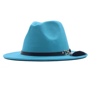 Damen breite Krempe Filz Fedora Hut blaue Jazz Kappe mit schwarzem Gürtel und Quaste
