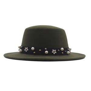 Elegant women flat-top wool fedora hat with pearl flower band autumn winter british style