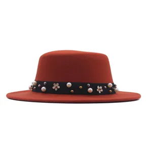Women British Style Flat Top Boater Hat With Pearl Flower Decoration Autumn Winter Polyester Felt Jazz Fedora Sun Hat