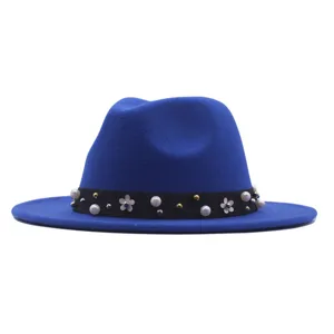 Blauer Filzhut Fedora für Damen, elegante Wollmütze mit Perlen Blumen Band Dekorationen.