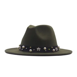 Modischer armegruener Wollfilz Fedora Hut mit Perlen Band für Damen Herbst Winter