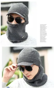 Gorro de punto de invierno para hombre y calentador de cuello forro polar gris grueso