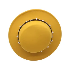 Women's Elegant Yellow Flat Top Fedora Hat Wool Felt Jazz Cap with Pearl Studded Hatband