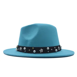 Blauer Filzhut Jazzhut Damen Fedora Hut mit Perlen Band elegante Damen Wintermütze stilvoll