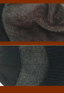 Detalle de gorro de punto forrado con felpa de invierno para hombre y su textura.