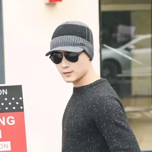 Gorro de punto grueso de invierno para hombre con visera gorro cálido gris y negro