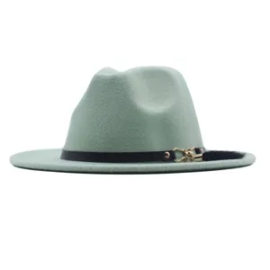 Damen Wollfilz Fedora Hut breite flache Krempe stilvolle Jazz Mütze mit Lederband.