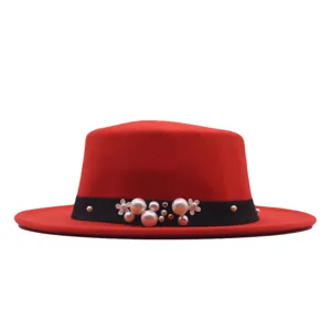 Damen Roter Wolle Fedora Hut Flacher Top Britischer Stil Perle Band Elegante Winter Mütze