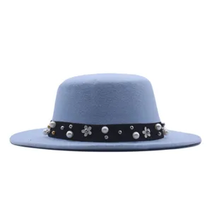Women fashion light blue flat top hat chic pearl ribbon wool felt hat elegant winter warm cap