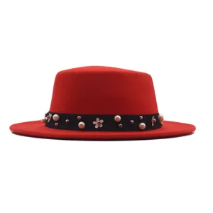 Women autumn winter red flat top fedora hat with black pearl beaded band fashion wool hat