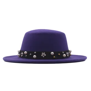 Purple wool flat top bowler hat for women featuring elegant pearl and floral ribbon band