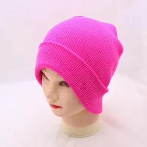 Neon pink knitted beanie hat, solid color winter warm skull cap for men and women stylish.