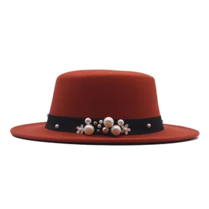 Elegante Damen Wolle flach Top Fedora Hut mit Retro Perle Band stilvolle Herbst Mütze
