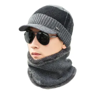 Conjunto de gorro de punto forrado de polar y bufanda con visera para hombre invierno