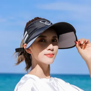 Detail shot of black extendable sun visor hat with UV protection for outdoor summer wear.
