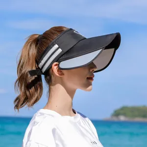 Women summer retractable sun visor hat, outdoor anti-uv empty top beach cap detail view.