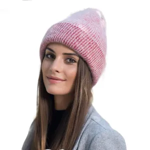 Bonnet Tricoté pour Femme En Laine d Angora Mélangée Bord Roulé Chaud Capuchon d Hiver Souple Mode Extérieure