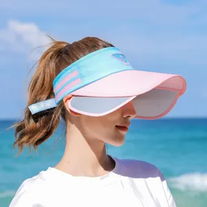 Women retractable sun visor hat, blue pink color block empty top UV protection hat for summer beach.