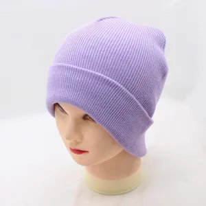 Detail shot of a light purple ribbed knit beanie hat, showing texture and daily wear style.