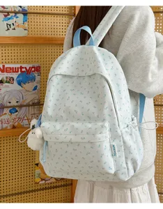 Floral canvas backpack cute student casual bookbag light blue daily travel daypack stylish