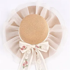 Cappello di paglia donna con fiocco pizzo tesa larga estate spiaggia vacanza protezione sole