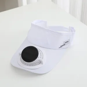 Weisse Solar-Luefter-Sonnenschirmmuetze Detailansicht, atmungsaktive Sportmuetze mit Mini-Luefter.