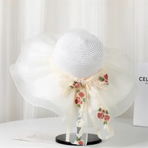 Cappello di paglia donna tesa larga con fiocco ricamato floreale organza spiaggia estate