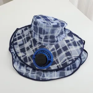 Cappello da sole a quadri blu con ventola solare ricaricabile tesa larga protezione viso estate