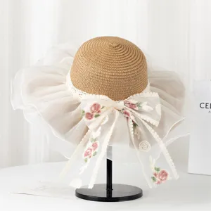Cappello di paglia donna tesa larga estivo con fiocco in pizzo ricamato stile vacanza mare