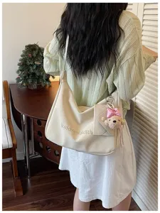 Sweet minimalist hobo shoulder bag with cute bear pendant and pouch, casual daily commuter bag