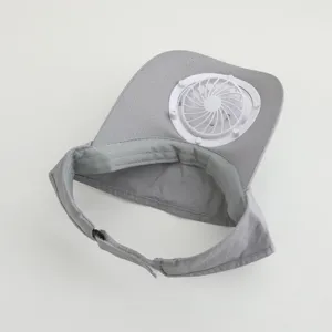 Grauer Sonnenschirm Hut Detail mit integriertem elektrischem Ventilator am Mesh Schirm.