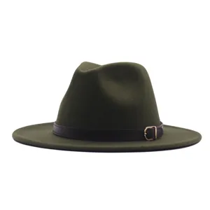 Grüner Woll-Fedora-Hut für Damen und Herren, breitkrempiger Jazz-Hut mit braunem Ledergürtel.