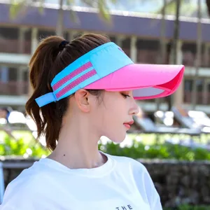 Women summer sun visor cap with extensible anti-UV brim, stylish blue and pink outdoor hat.