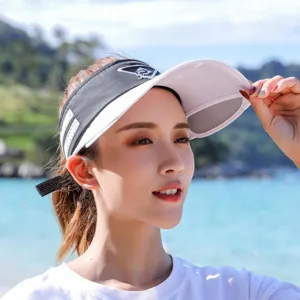 Outdoor sun protection empty top hat detail, retractable double brim, breathable fabric design.