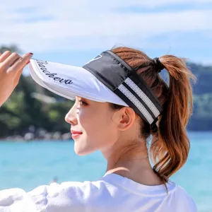 Detail view of the summer sun visor hat with adjustable brim and chic black white contrast.