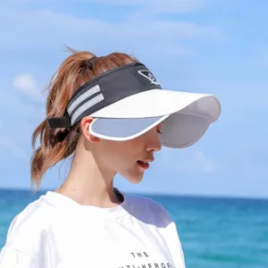 Details of the summer retractable sun visor hat, showing dual brim and breathable top design.