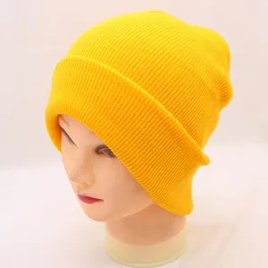 Neon yellow knit beanie hat for men and women, solid color winter warm slouchy skull cap.
