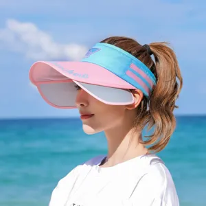 Women retractable sun visor hat pink blue double brim empty top beach outdoor anti UV cap